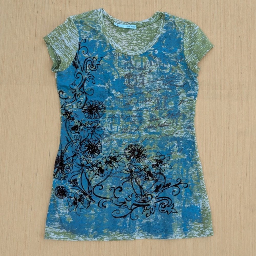 Maurices Y2K Burnout Floral Script Scoop Neck Short Sleeve T-Shirt Womens Medium